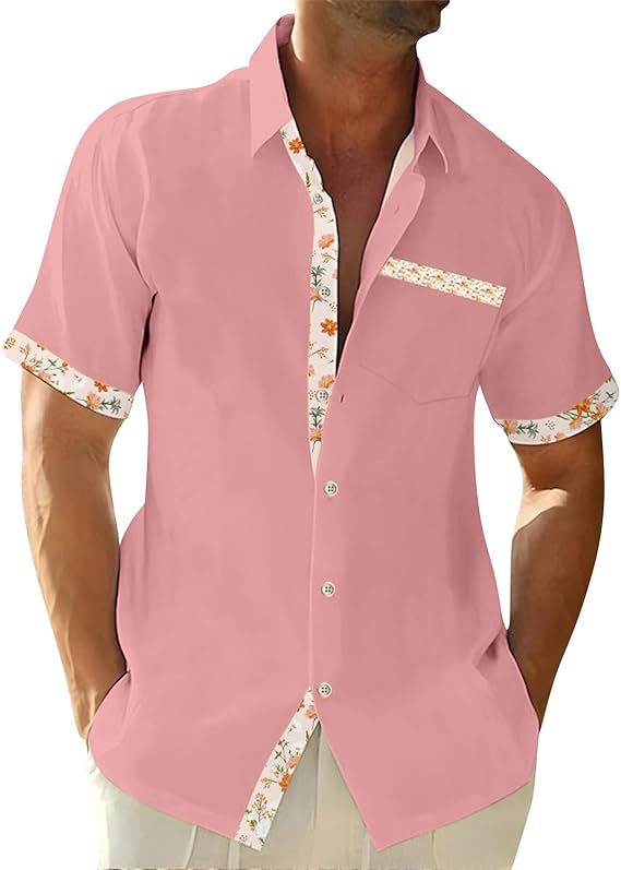 Men Button Down Short Sleeve Blouse Stretch V Neck Blouses Summer Beach Aloha Shirts with Pocket