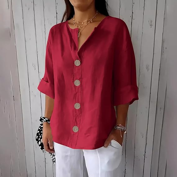 Women Summer V Neck 3/4 Length Sleeve Tops with Button Roll-Up Sleeve Casual Loose Fit Blouses